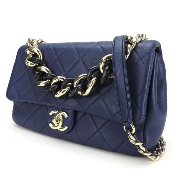 Chanel Shoulder Bag Matelasse Lambskin Navy Gold Hardware 2WAY Hand No 29 - Picture 2 of 9